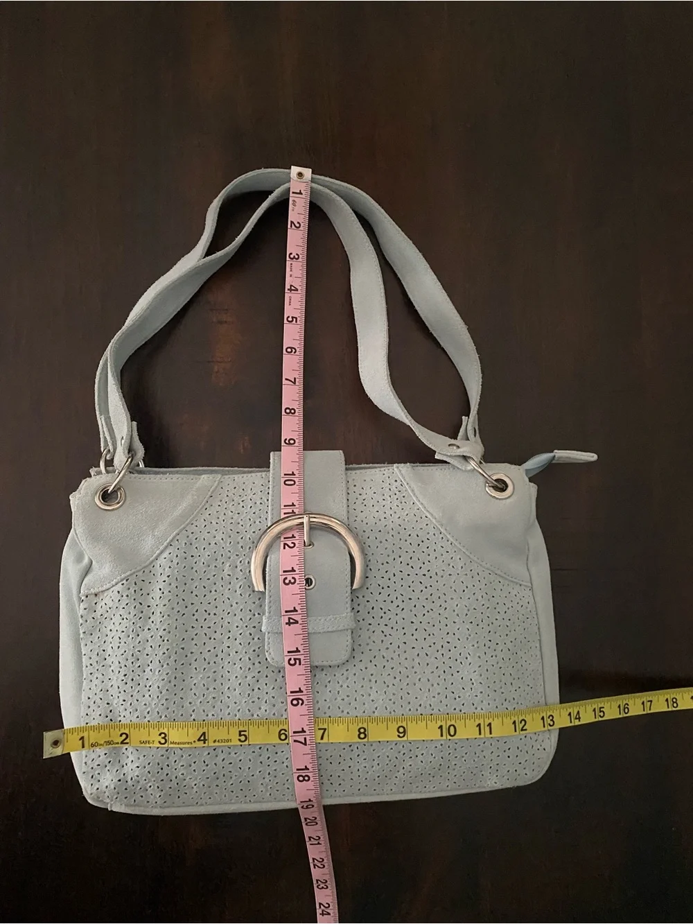 Pamela Mc Coy Suede Pale Blue Shoulder Satchel Bag Laser Cut Flowers Summer